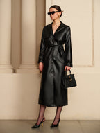 Chiq Leather Trench Coat with Belt and Button Front — variant_front