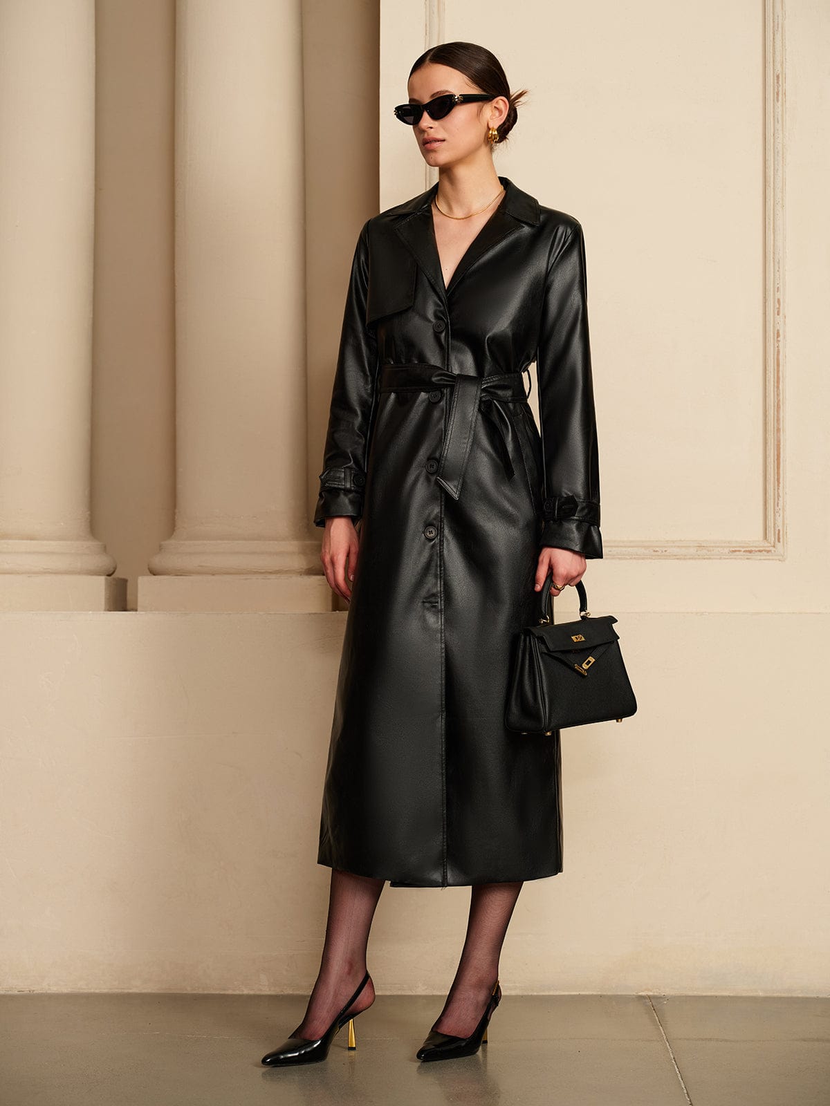 Chiq Leather Trench Coat with Belt and Button Front — variant_front