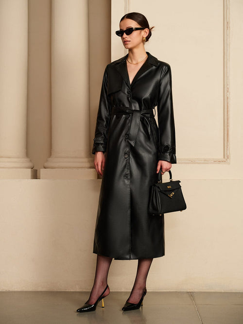 Chiq Leather Trench Coat with Belt and Button Front — variant_front