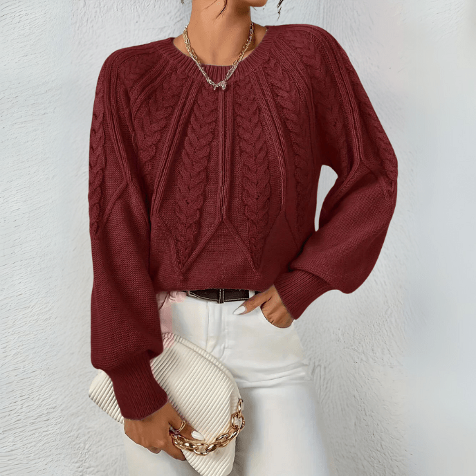 Cable Knit Sweater with Puff Sleeves and Round Neckline — variant_front