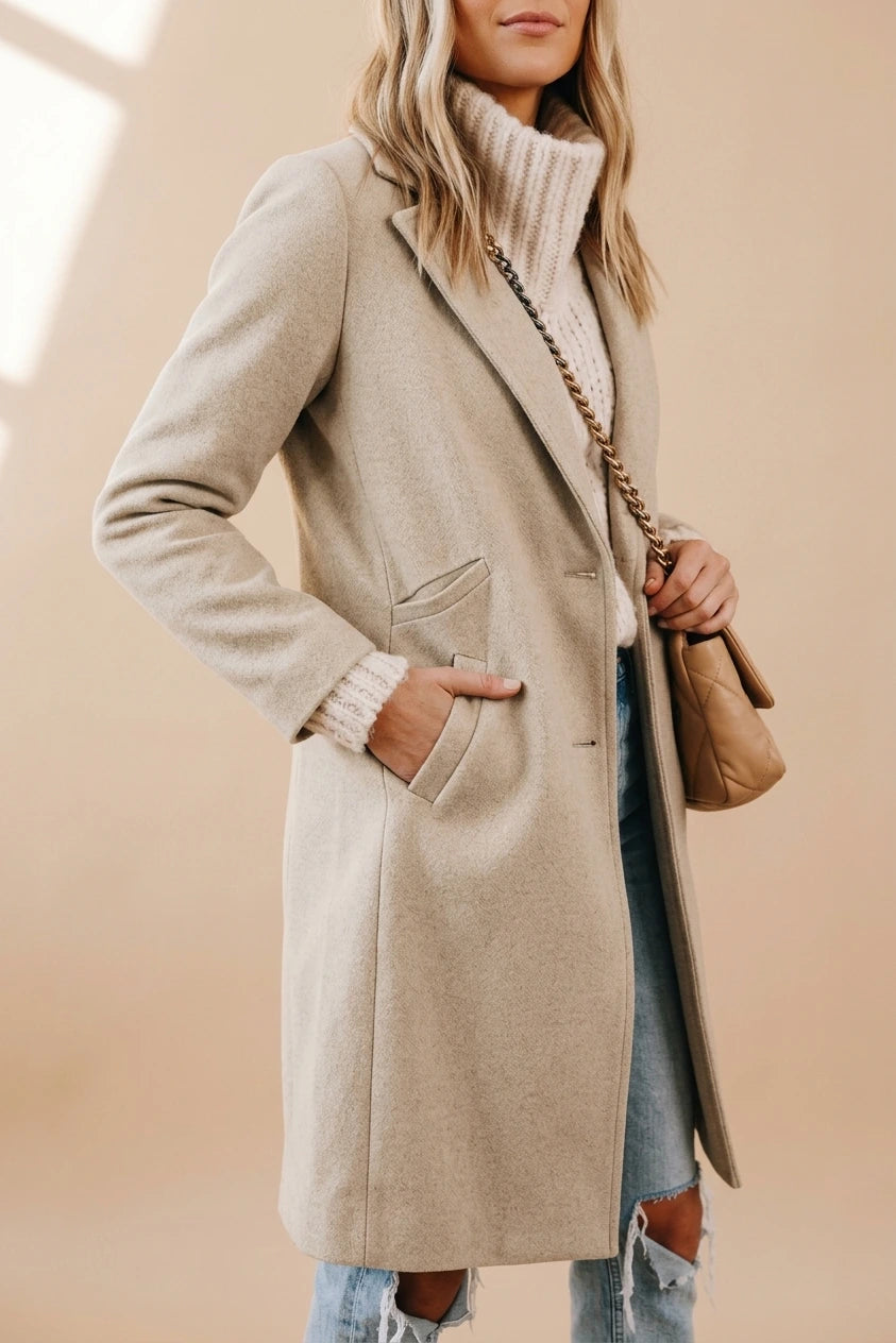 Women's Notch Lapel Longline Coat with Side Pockets — variant_front