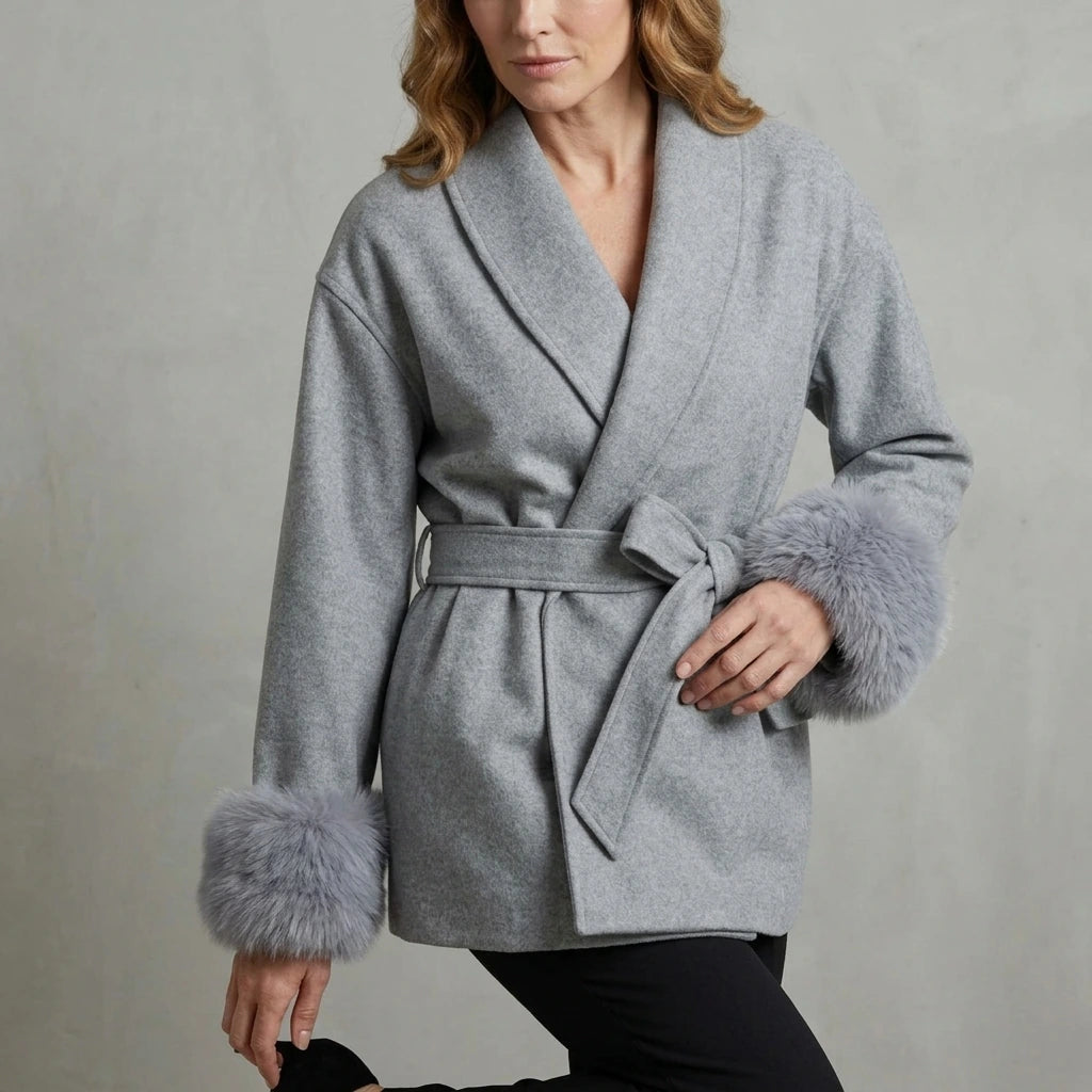 Women's Elegant Wool Coat with Faux Fur Cuffs and Belted Wrap Style – Meredith — variant_front