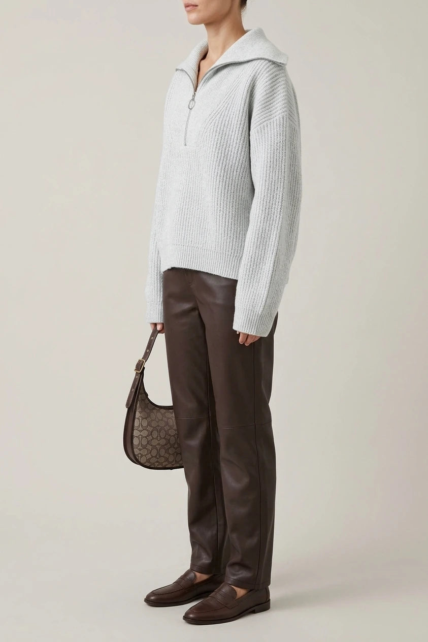 Oversized Half Zip Knit Sweater with Wide Collar — variant_front