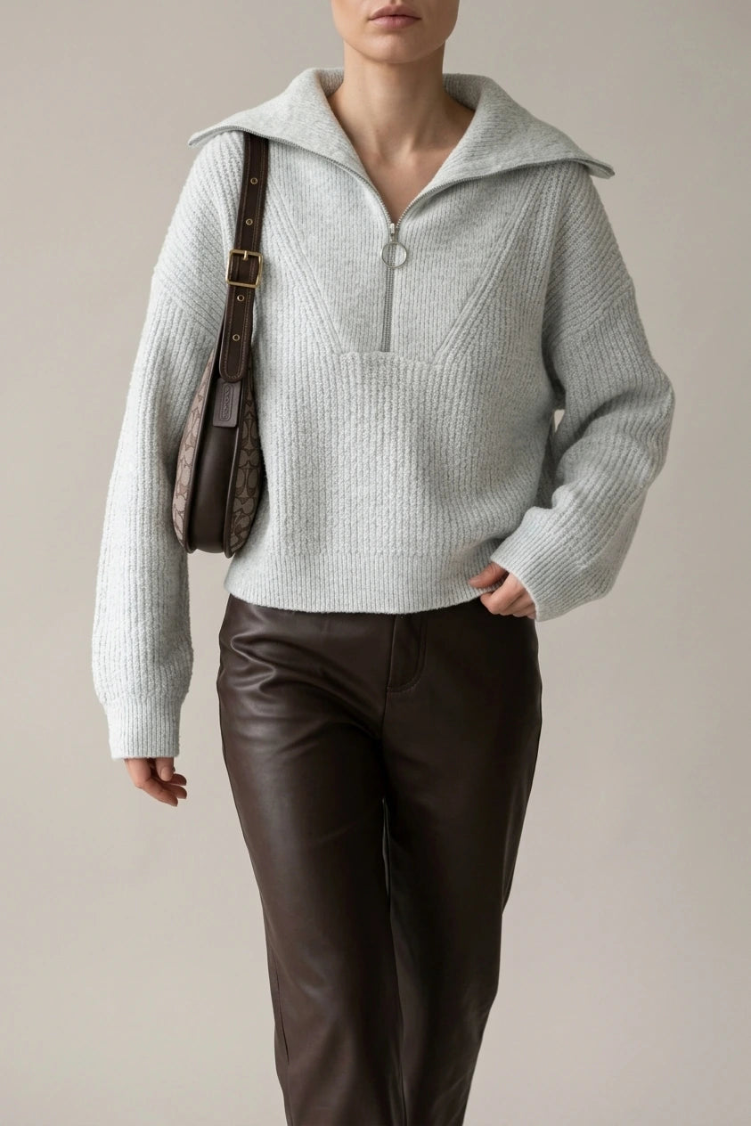Oversized Half Zip Knit Sweater with Wide Collar — variant_front