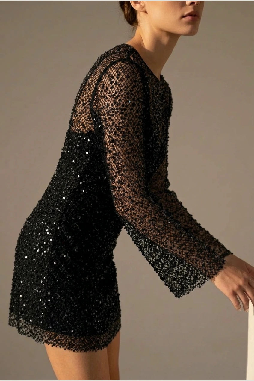 Phoebe | Women's Sequin Mesh Long-Sleeve Autumn Dress Mini Party — variant_front