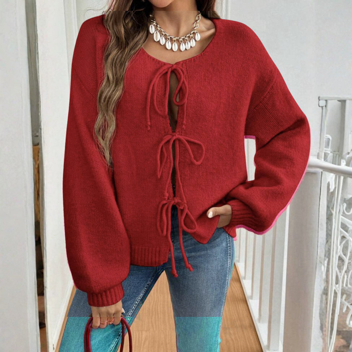 Relaxed Knit Cardigan with Tie Front and Puff Sleeves — variant_front
