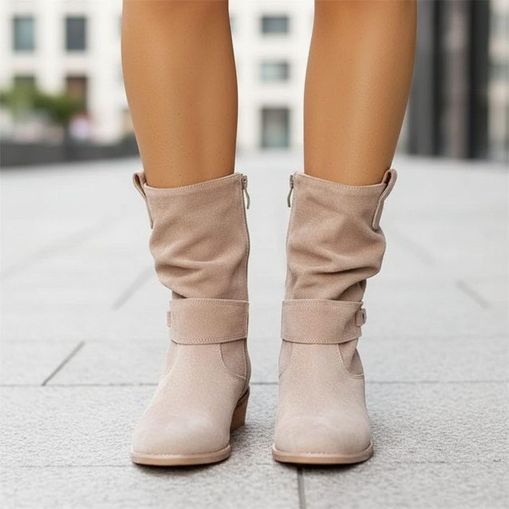 Slouchy Suede Ankle Boots with Strap and Block Heel — variant_front