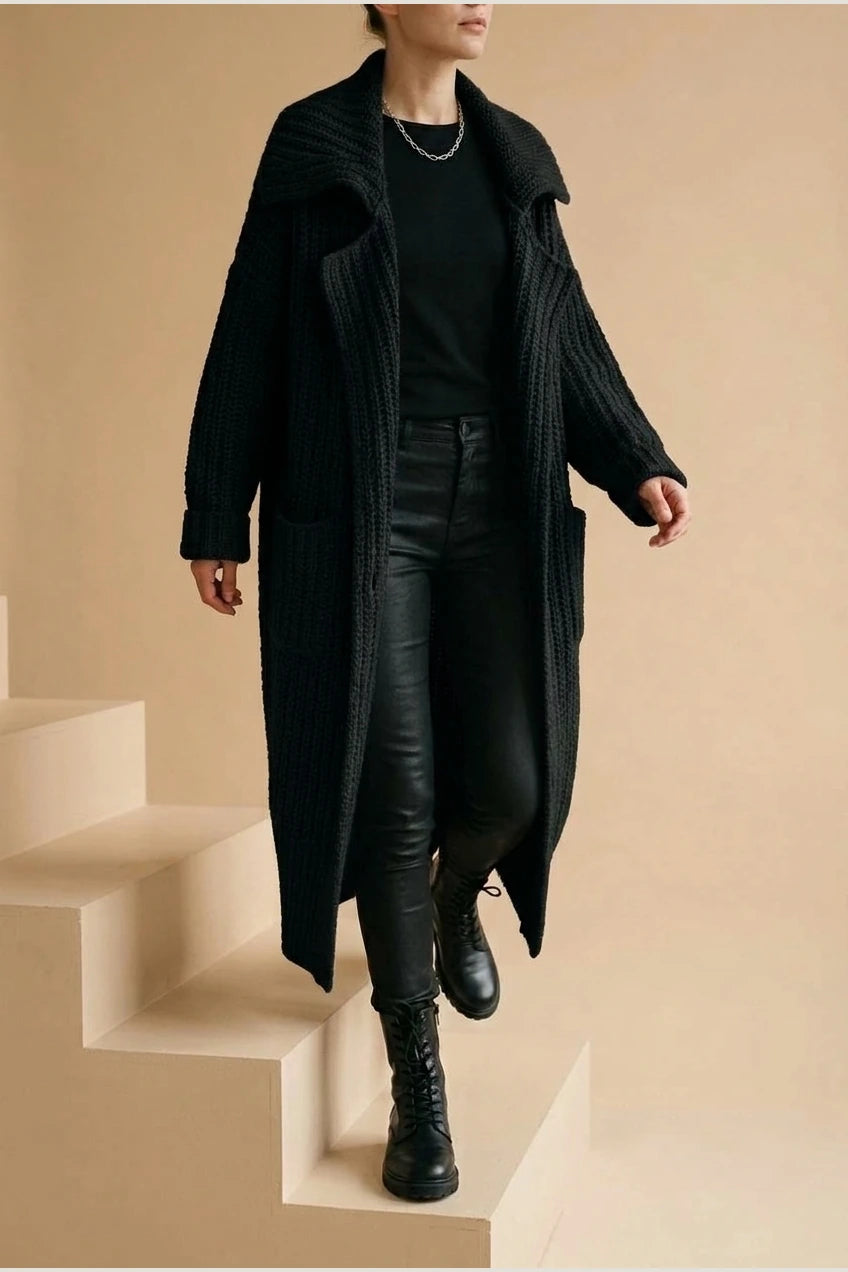 Phoebe | Women's Oversized Chunky Knit Lapel Longline Cardigan — variant_front