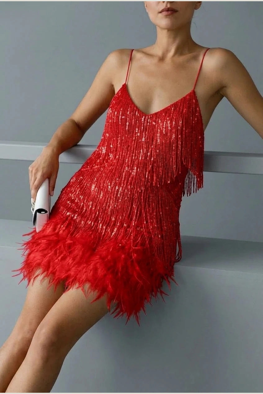 Sophie | Women's Sequin Fringe Feather Trim Cocktail Dress — variant_front