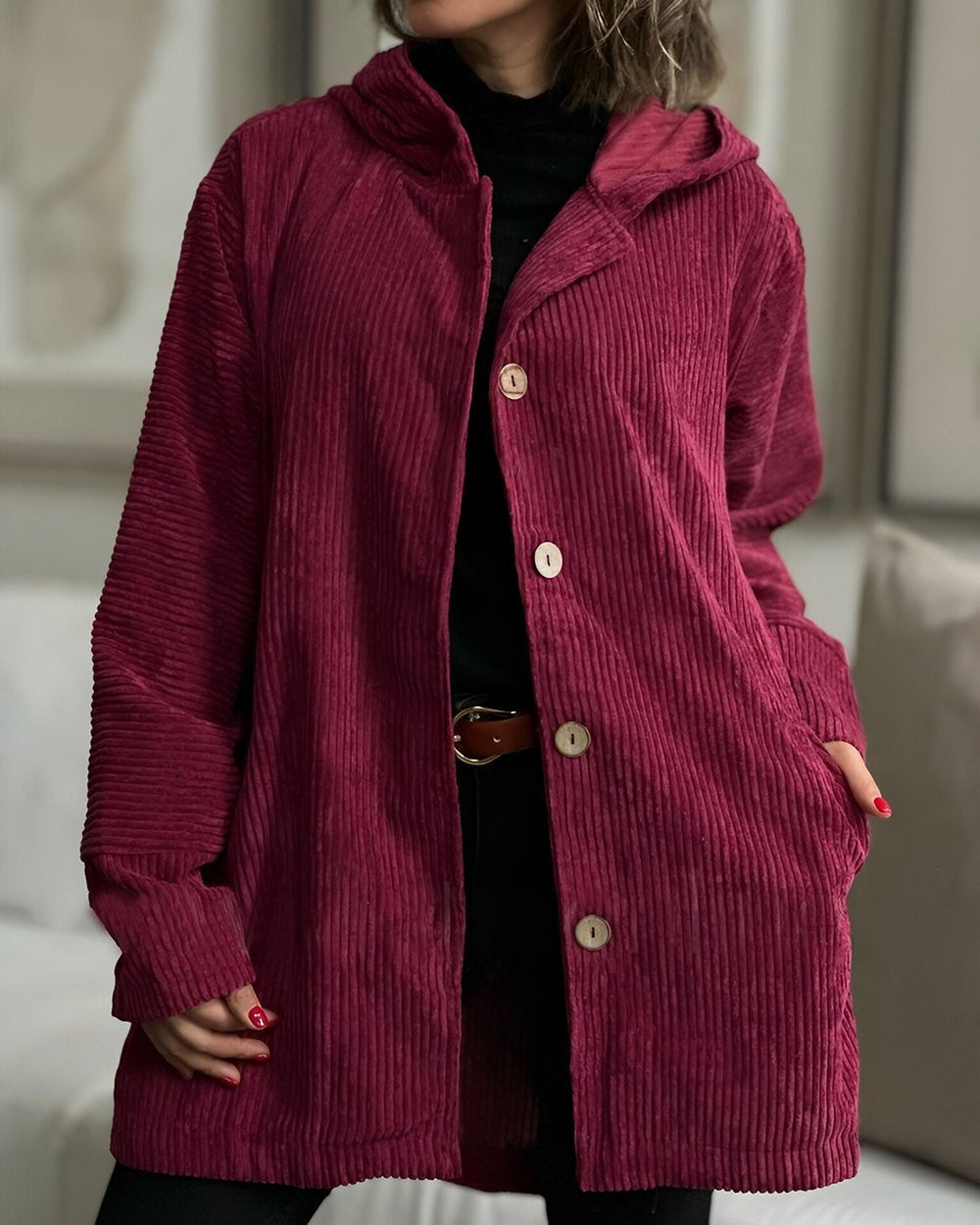 Retro Hooded Corduroy Jacket with Wooden Buttons — variant_front