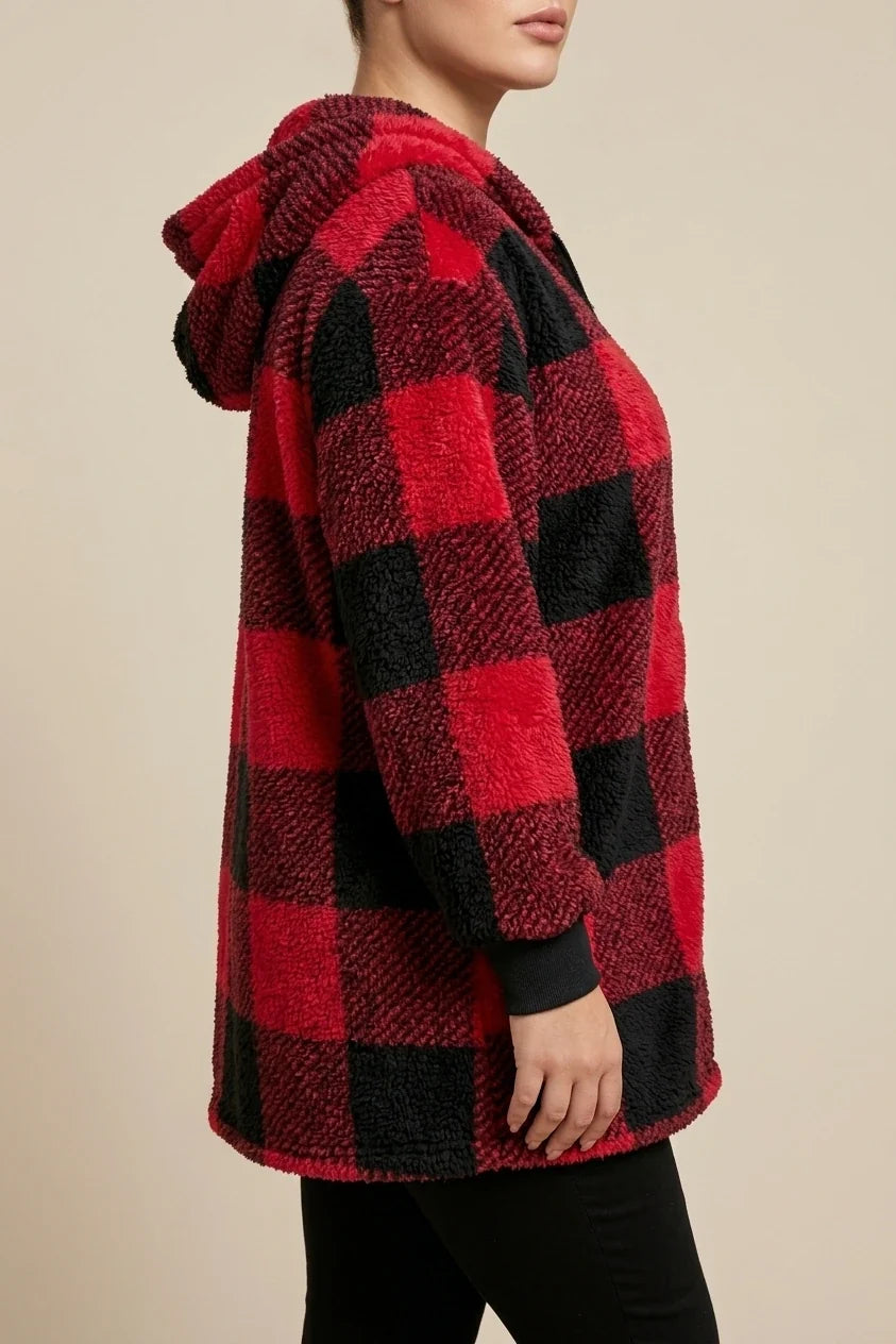 Plus Size, Plus Size Women's Elegant Red & Black Plaid Hooded Jacket - Warm Winter Suitable for Fall/Winter, Cozy Outerwear with Hood, Machine Washable Blazer for Weather, Hand Washable or Dry Cleanable (No) — variant_front