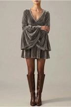 Mini Dress Women - Velvet Mini Dress with V-Neckline — variant_front