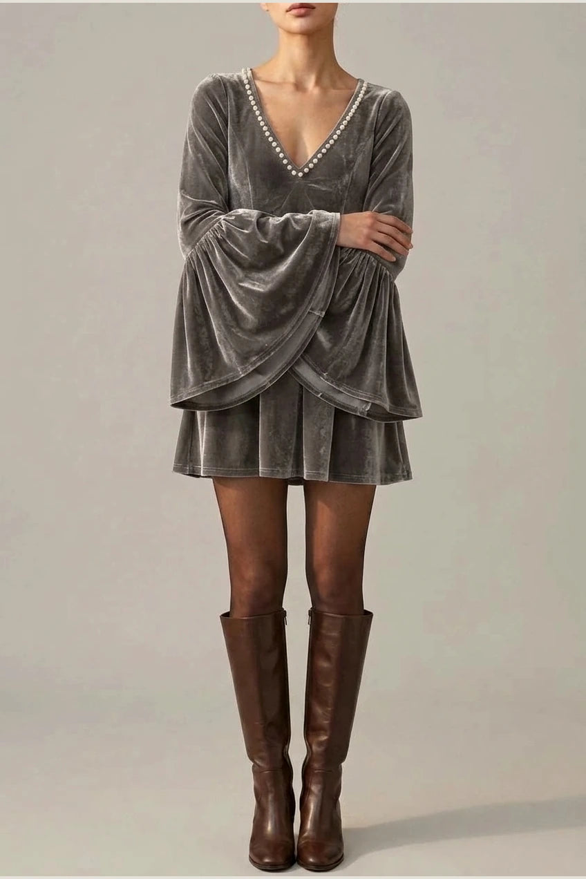 Mini Dress Women - Velvet Mini Dress with V-Neckline — variant_front