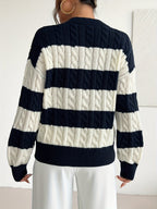 Striped Cable Knit Sweater with V-Neckline and Ribbed Cuffs — variant_front