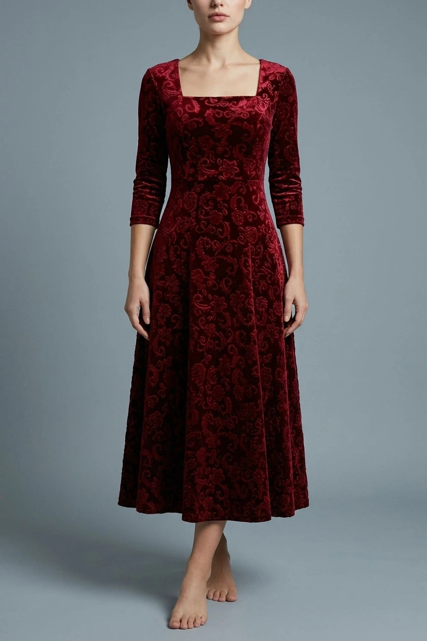 Scarlett | Women's Square Neck Velvet Floral Embossed Party Dress — variant_front