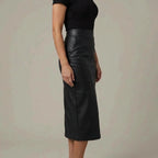 Women's High Waisted Faux Leather Midi Skirt - Palomine — variant_front