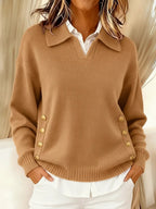 Relaxed Knit Sweater with Polo Collar and Gold Side Buttons — variant_front