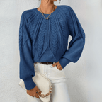 Cable Knit Sweater with Puff Sleeves and Round Neckline — variant_front