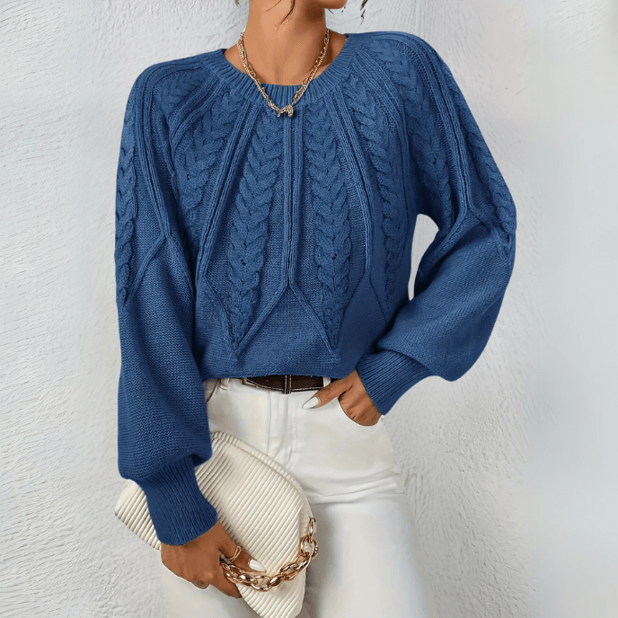 Cable Knit Sweater with Puff Sleeves and Round Neckline — variant_front
