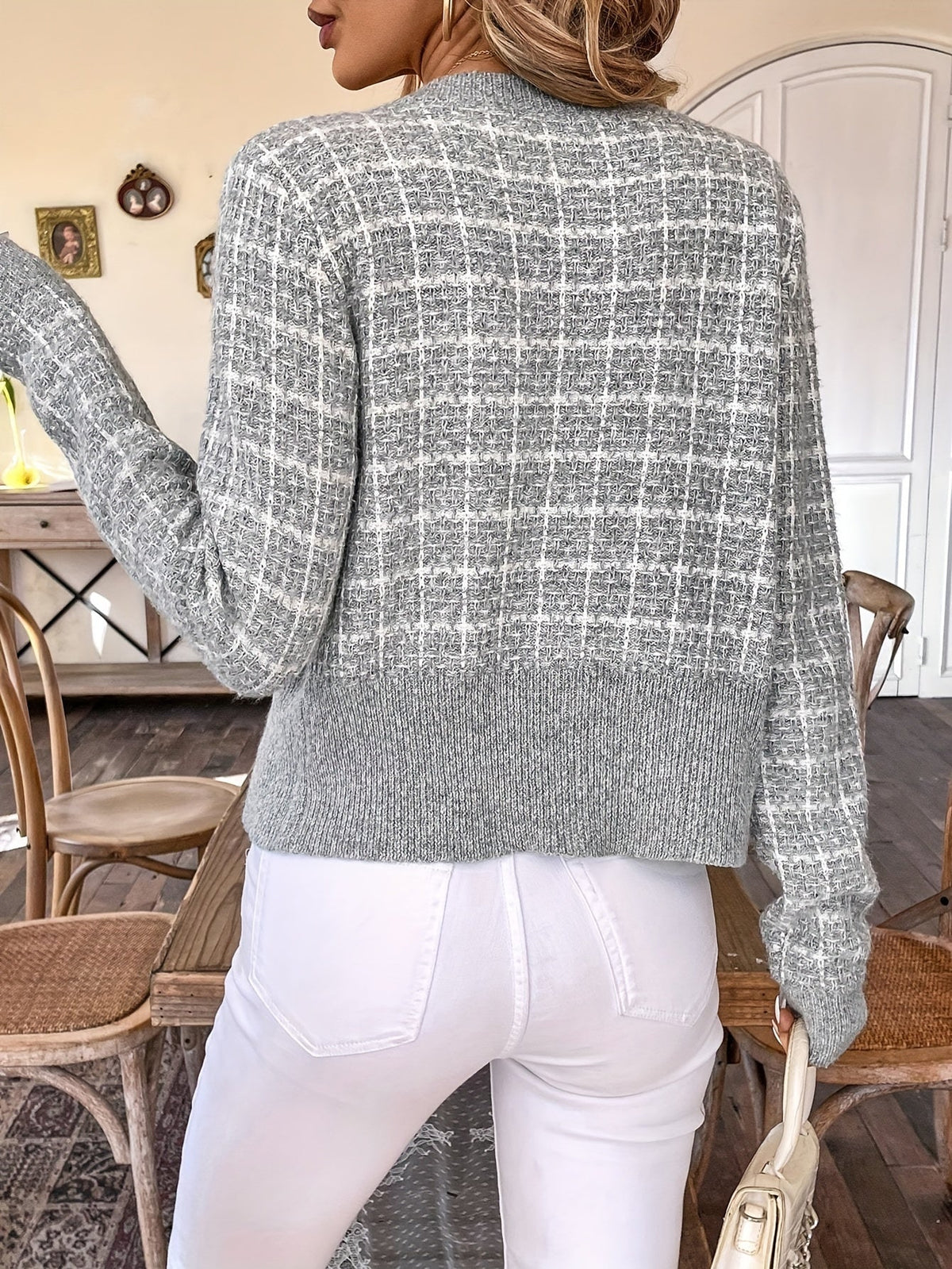 Houndstooth Knit Cardigan with Gold Buttons and Chest Pockets — variant_front