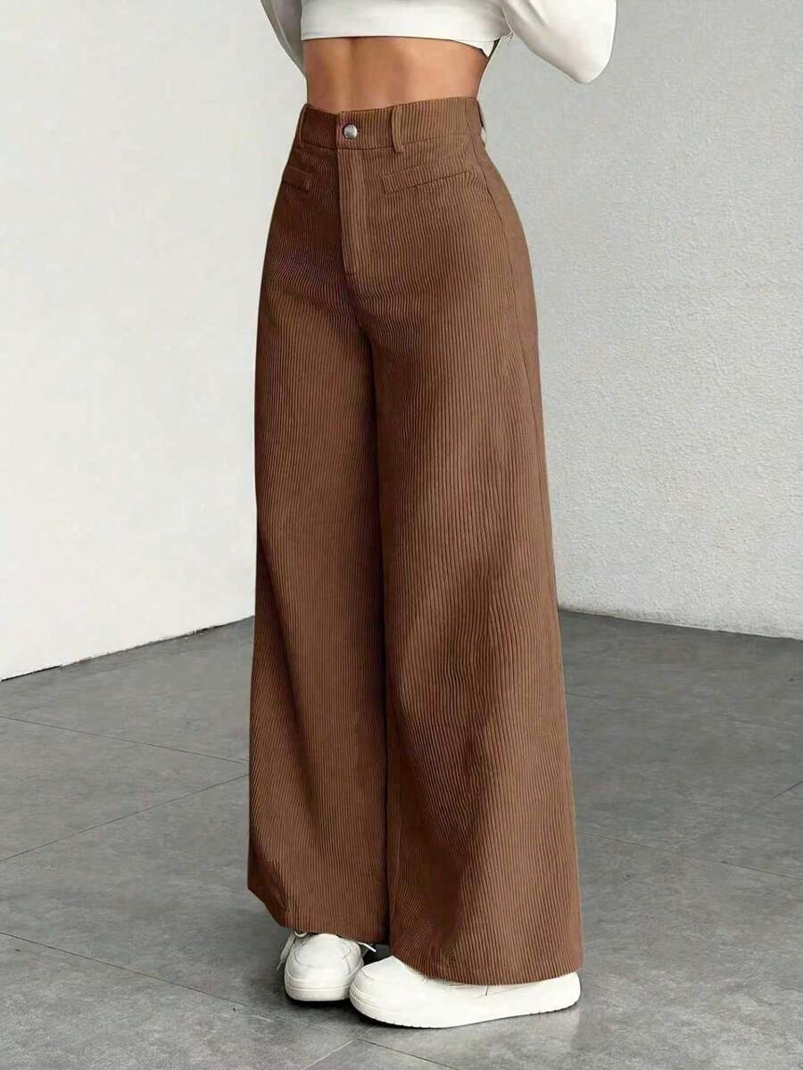 High Waist Wide Leg Corduroy Trousers with Flap Pockets — variant_front