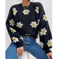 Floral Knit Sweater with Daisy Print and Puff Sleeves — variant_front