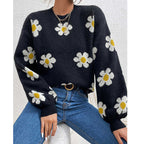 Floral Knit Sweater with Daisy Print and Puff Sleeves — variant_front