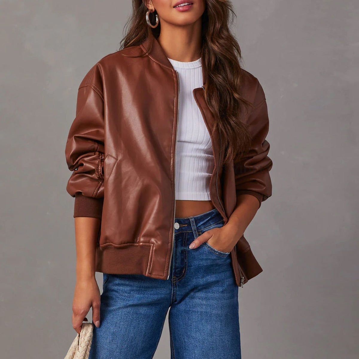 Oversized Leather Bomber Jacket with Ribbed Trim — variant_front