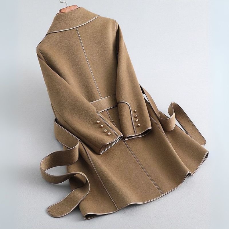 Refined Wool Coat with Contrast Trim and Self-Tie Belt