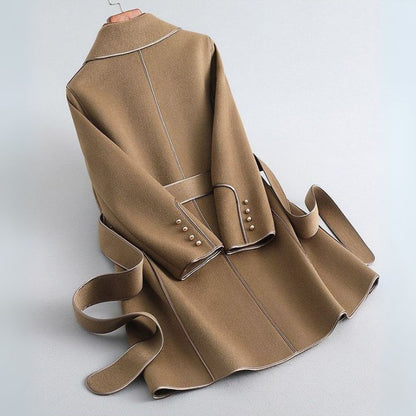 Refined Wool Coat with Contrast Trim and Self-Tie Belt