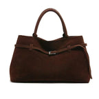 Large Suede Shoulder Bag with Belt Buckle Detail - Top-handle Tote — variant_front