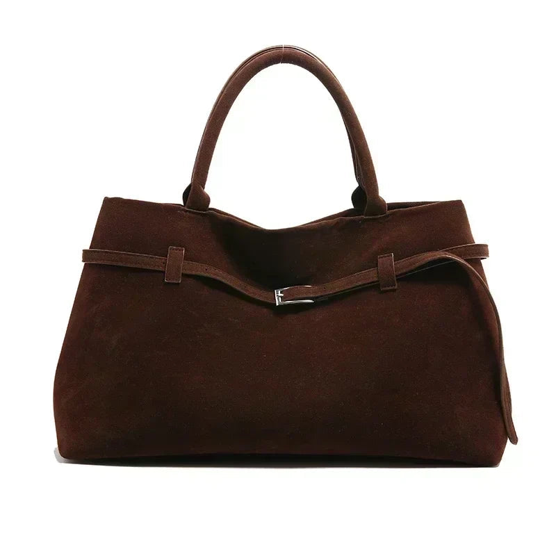 Large Suede Shoulder Bag with Belt Buckle Detail - Top-handle Tote — variant_front