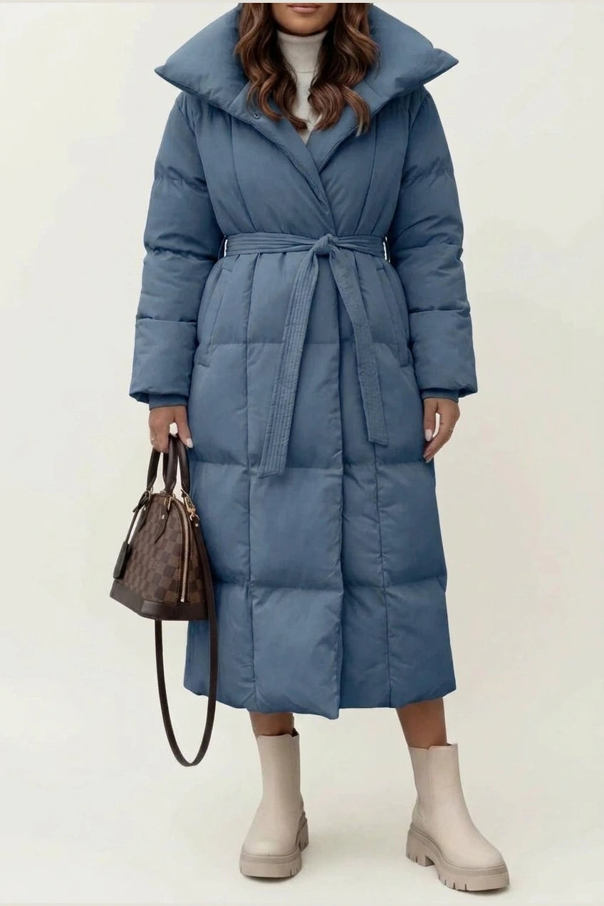 Women's Belted Long Puffer Coat with Silhouette Design – Ines — variant_front