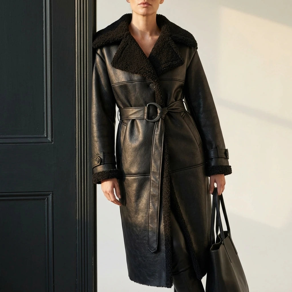 Women's Cozy Oversized Shearling Coat with Belt – Nell — variant_front