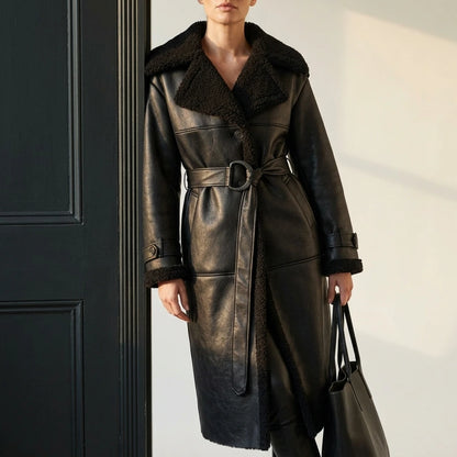 Women's Cozy Oversized Shearling Coat with Belt – Nell — variant_front