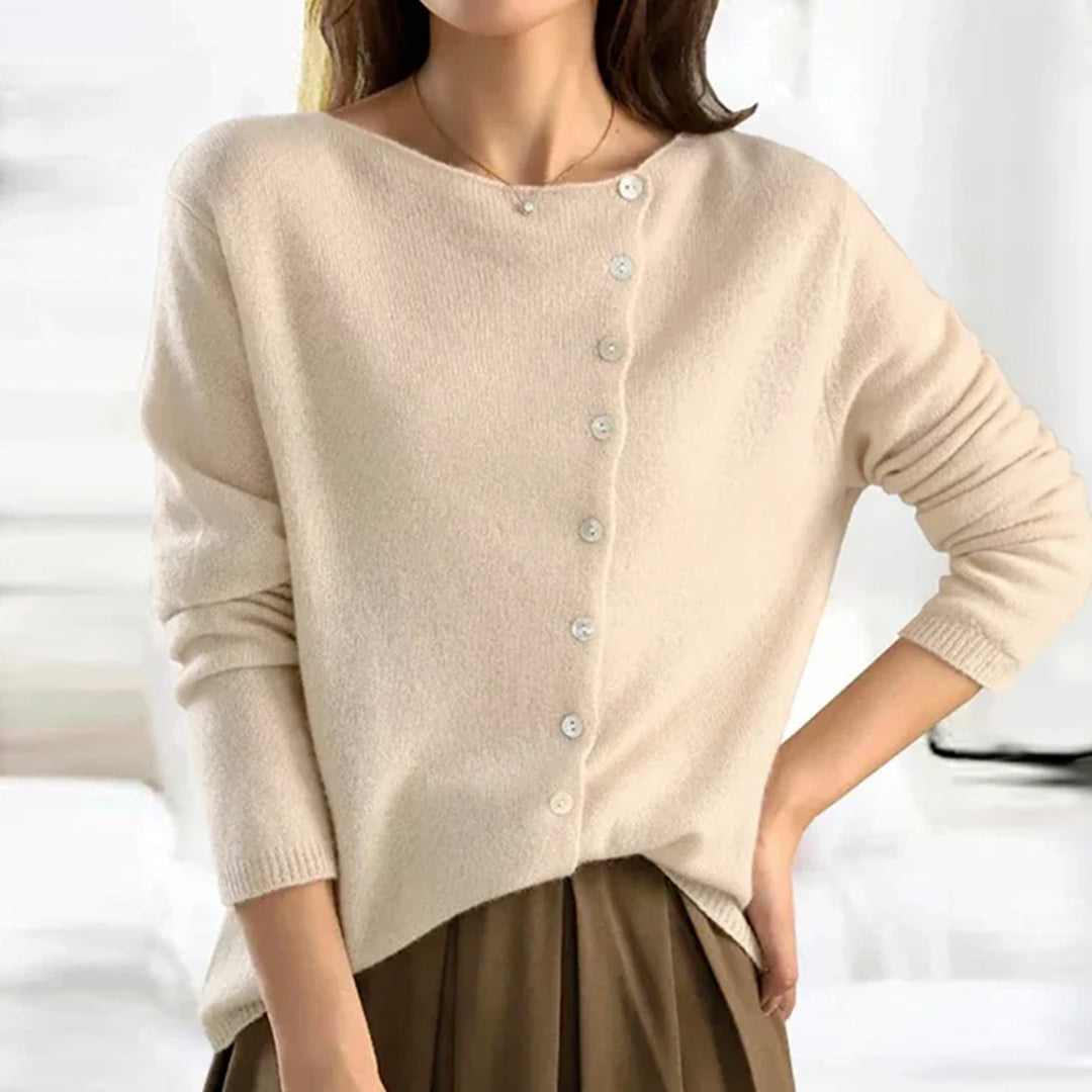 Soft Knit Cardigan with Asymmetric Button Front and Scoop Neckline — variant_front
