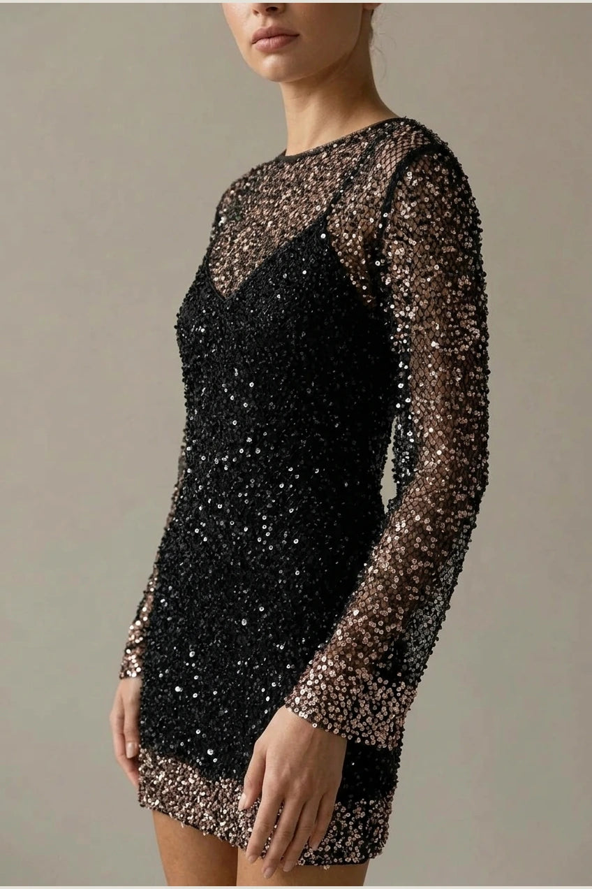 Phoebe | Women's Sequin Mesh Long-Sleeve Autumn Dress Mini Party — variant_front