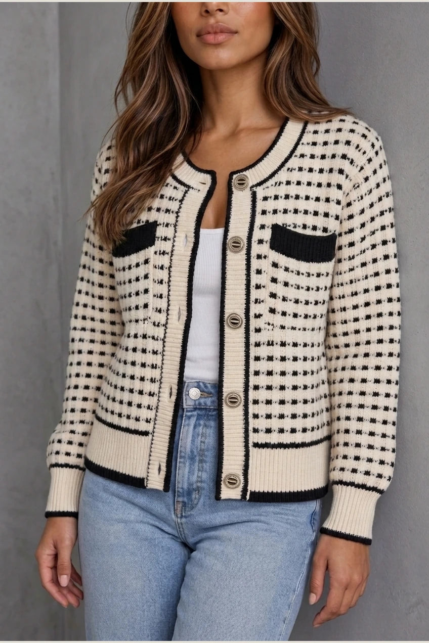 Women’s Textured Knit Cardigan – Button Front Contrast Trim Jumper — variant_front