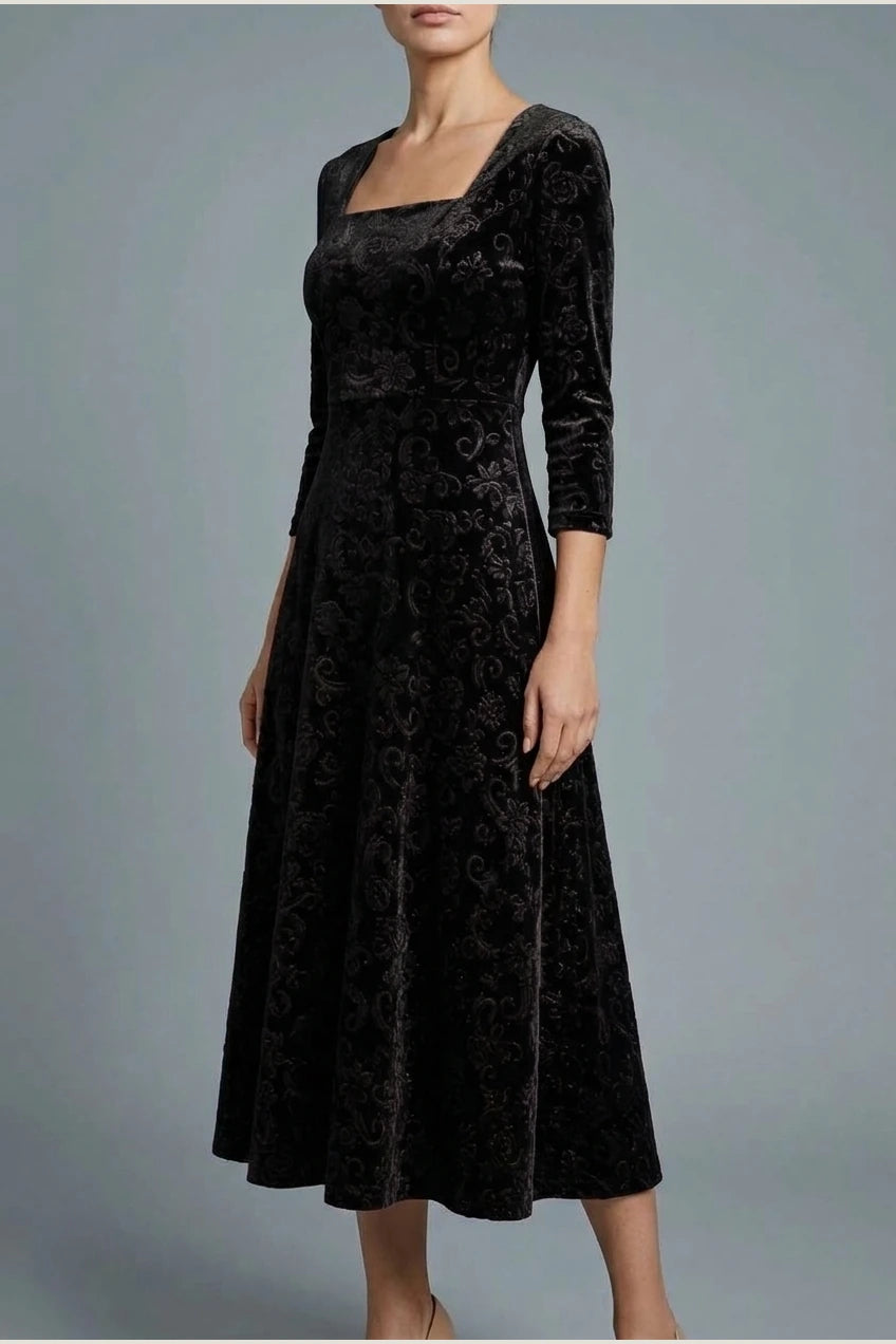 Scarlett | Women's Square Neck Velvet Floral Embossed Party Dress — variant_front