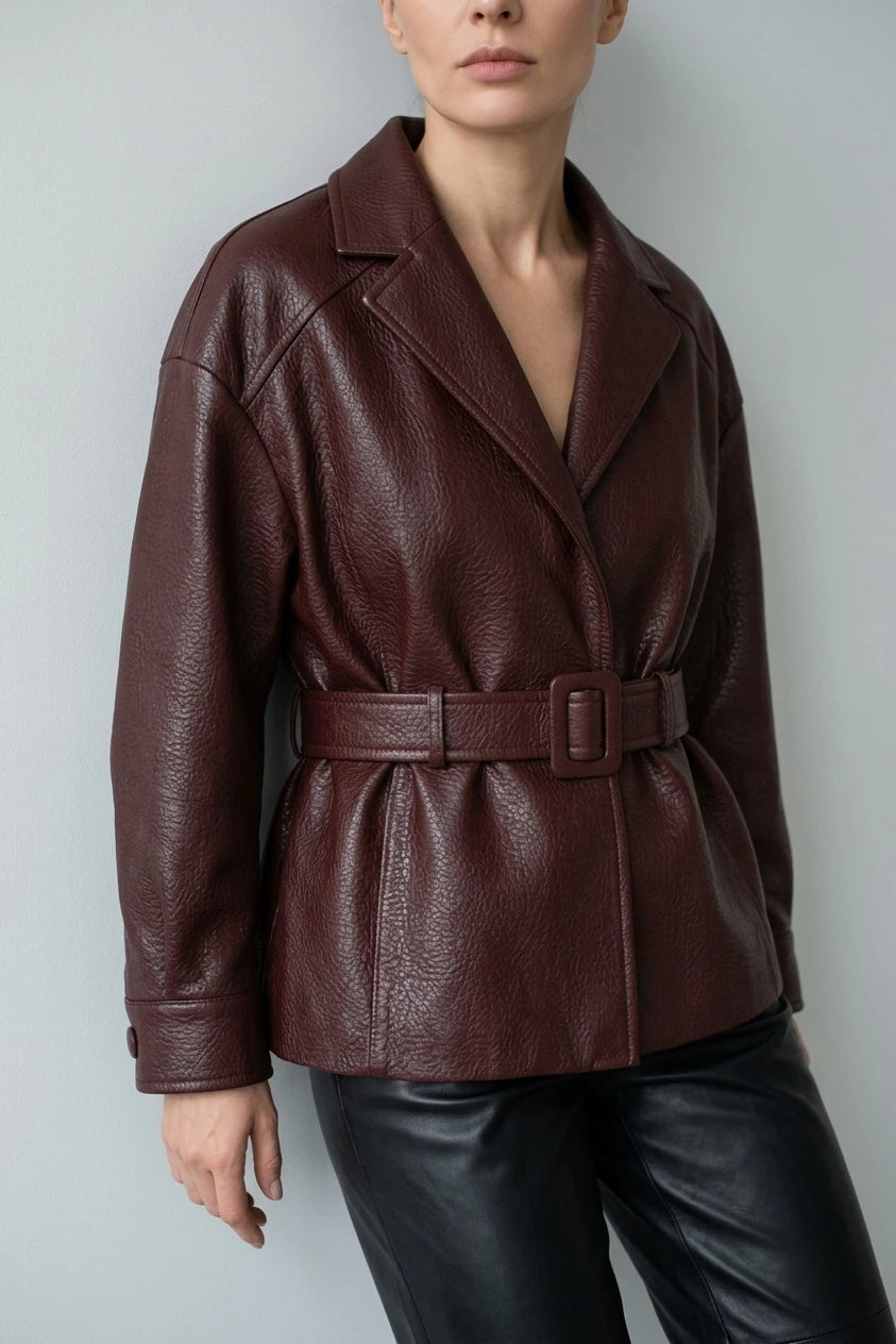 Belted Leather Jacket with Wide Collar and Cuffed Sleeves — variant_front