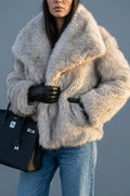 Women's Faux Fur Jacket with Collar and Long Sleeves — variant_front