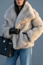 Women's Faux Fur Jacket with Collar and Long Sleeves — variant_front