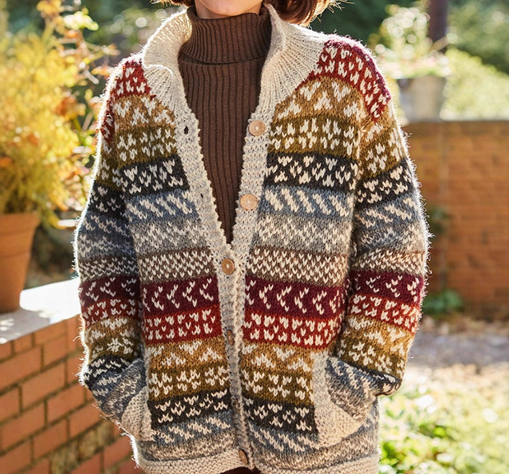 Retro Fair Isle Chunky Knit Cardigan with V-Neckline — variant_front