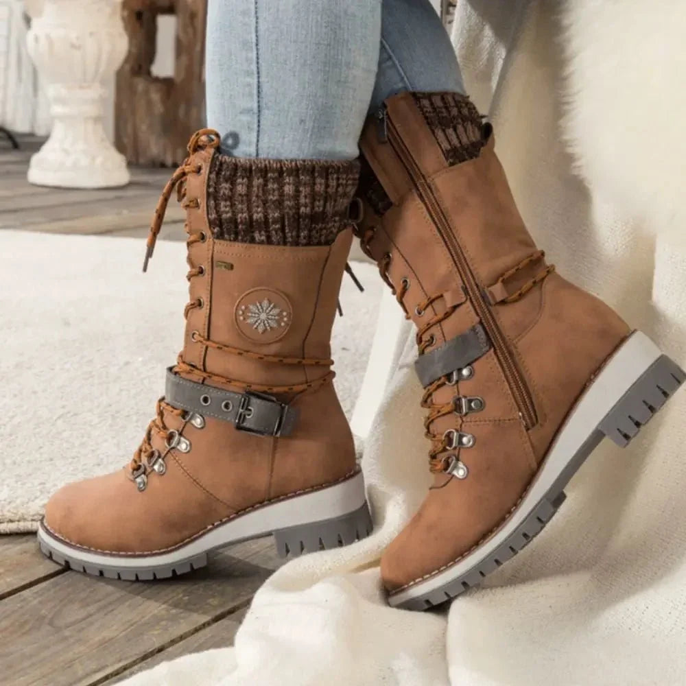 Insulated Lace Up Winter Boots with Knit Cuff and Buckle Detail — variant_front