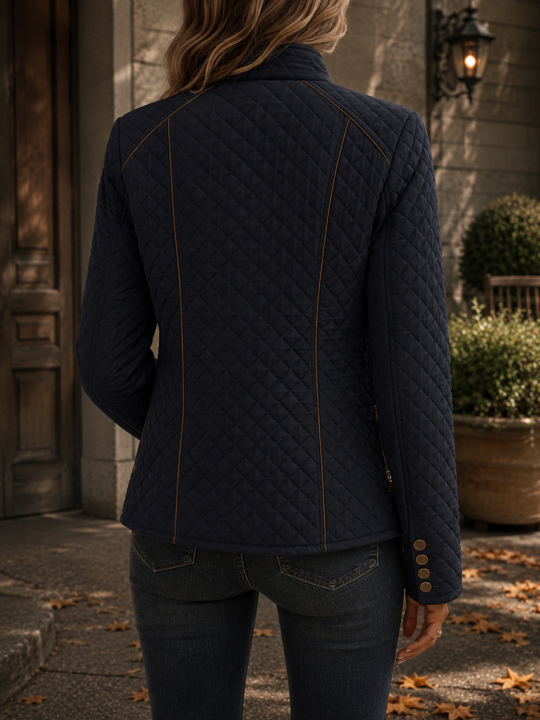 Fitted Quilted Jacket with Stand Collar and Contrast Piping — variant_front
