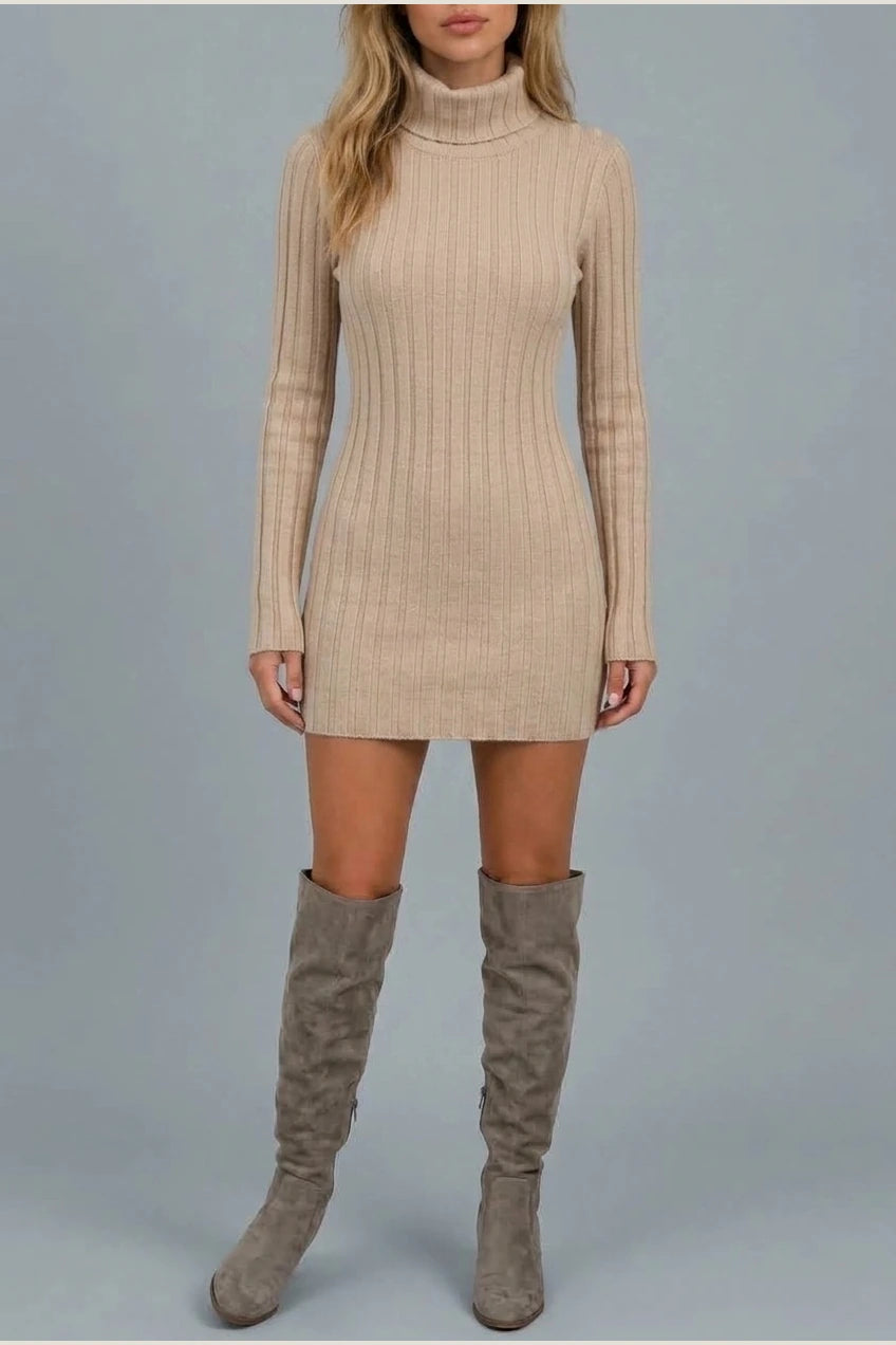 Women’s Ribbed Knit Mini Dress – Roll Neck Fitted Long Sleeve — variant_front