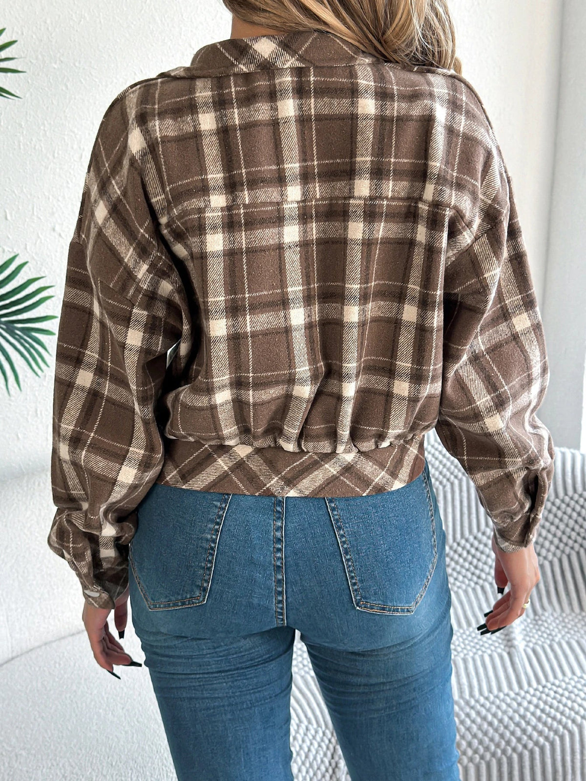 Cropped Plaid Shacket with Button Front and Chest Pockets — variant_front