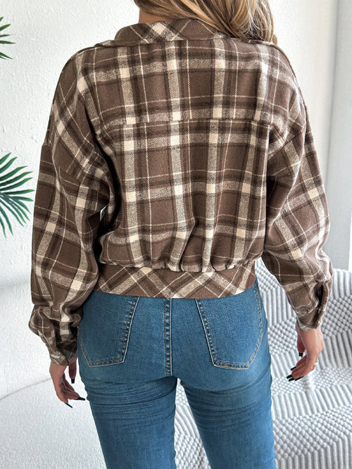 Cropped Plaid Shacket with Button Front and Chest Pockets — variant_front