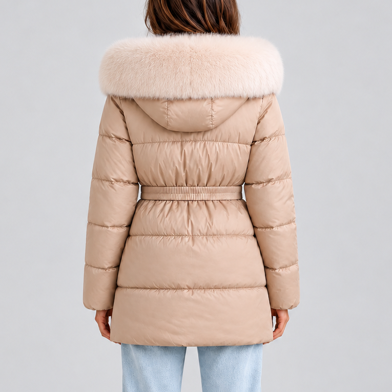 Women’s Hooded Puffer Coat with Faux Fur Trim and Belt — variant_front