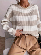 Striped Chunky Knit Sweater with Round Neck and Dropped Shoulders — variant_front